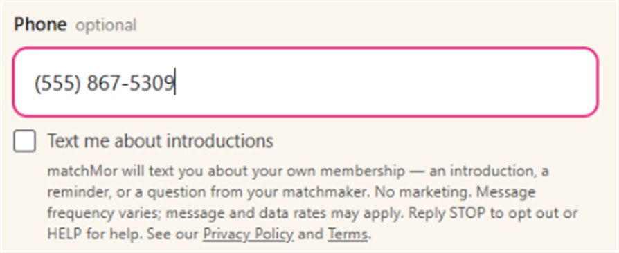 Close-up of the matchMor SMS consent checkbox reading 'Text me about introductions', with the full disclosure text beneath it.