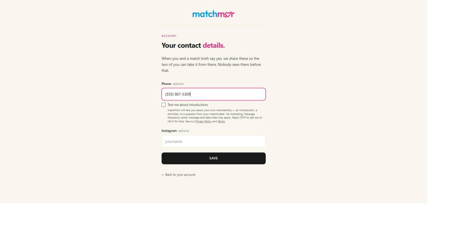 The matchMor account settings contact details screen, showing the phone number field and the text message consent checkbox.